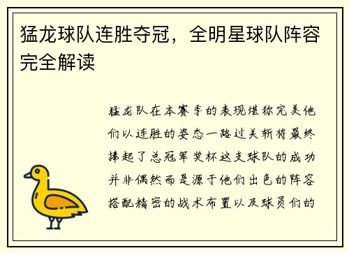猛龙球队连胜夺冠，全明星球队阵容完全解读
