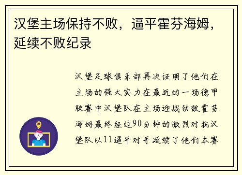 汉堡主场保持不败，逼平霍芬海姆，延续不败纪录
