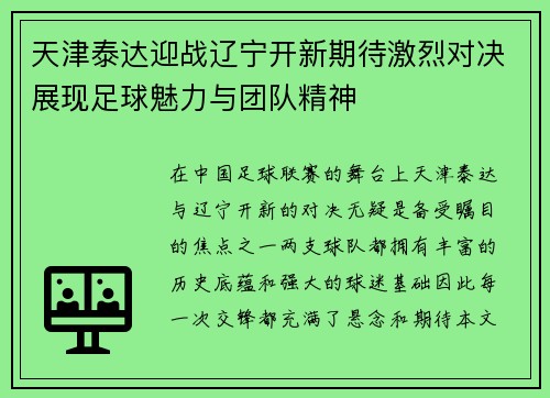 天津泰达迎战辽宁开新期待激烈对决展现足球魅力与团队精神