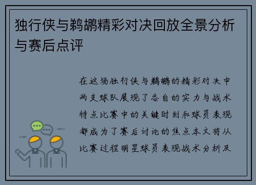 独行侠与鹈鹕精彩对决回放全景分析与赛后点评