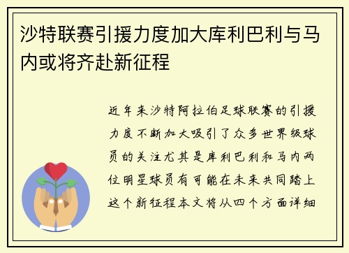 沙特联赛引援力度加大库利巴利与马内或将齐赴新征程